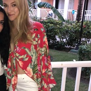 red tropical print tie front top
